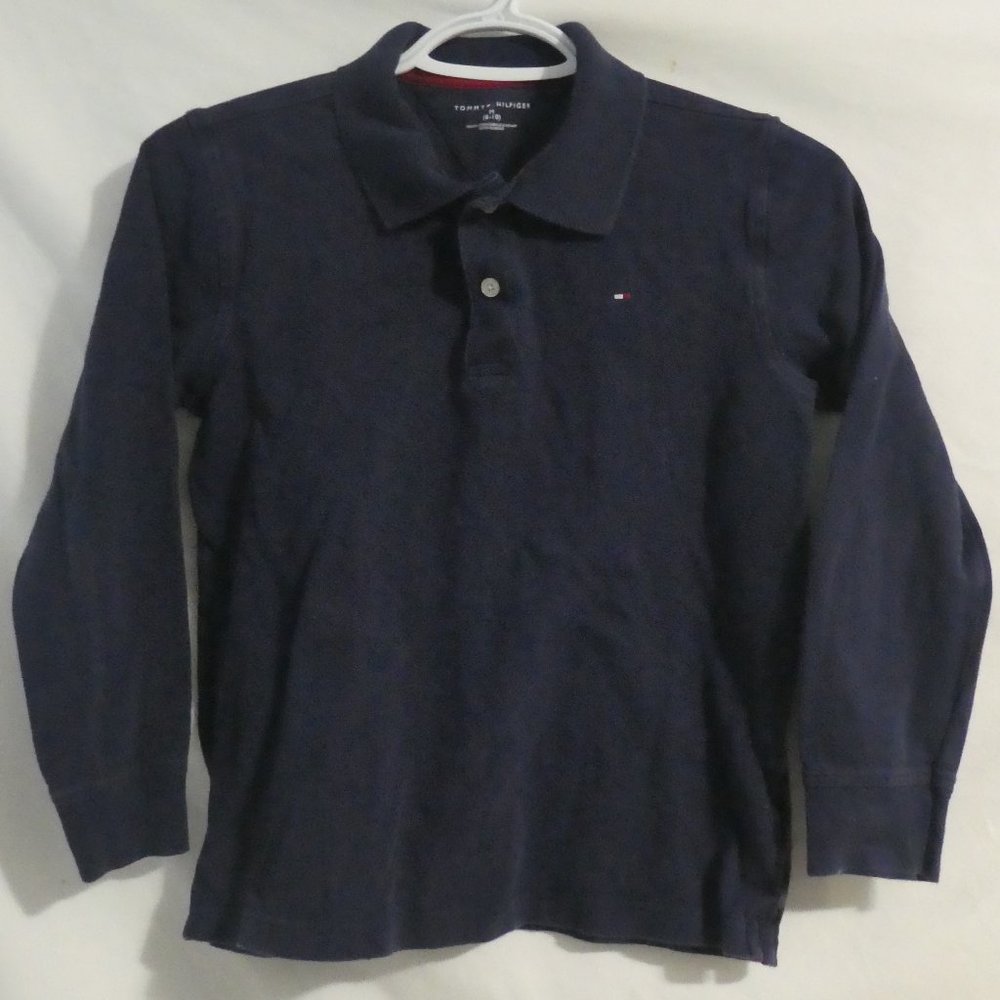 TOMMY HILFIGER | medium 8-10 | Boys Mast Navy Solid Long Sleeve Polo Shirt | GUC